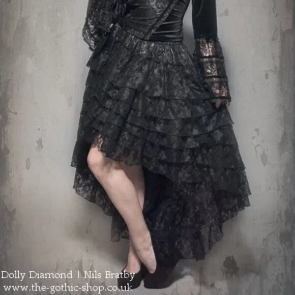 BURLESKA AMELIA SHEER BLACK FLORAL LACE HI LOW GOTHIC SKIRT UK XL / XXL WEDDING